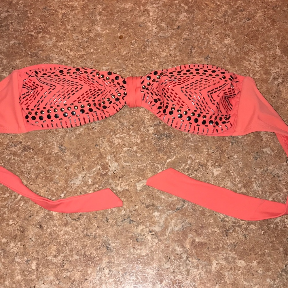 Rhinestoned salmon bikini top small salmon color